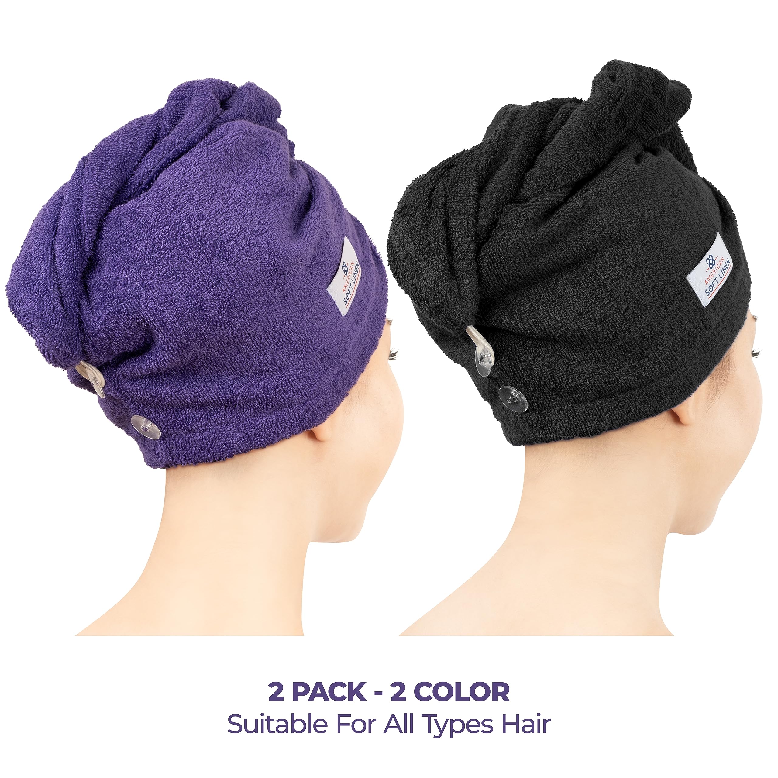 American Soft Linen turban wrap demonstrates easy head-drying for long curly hair.