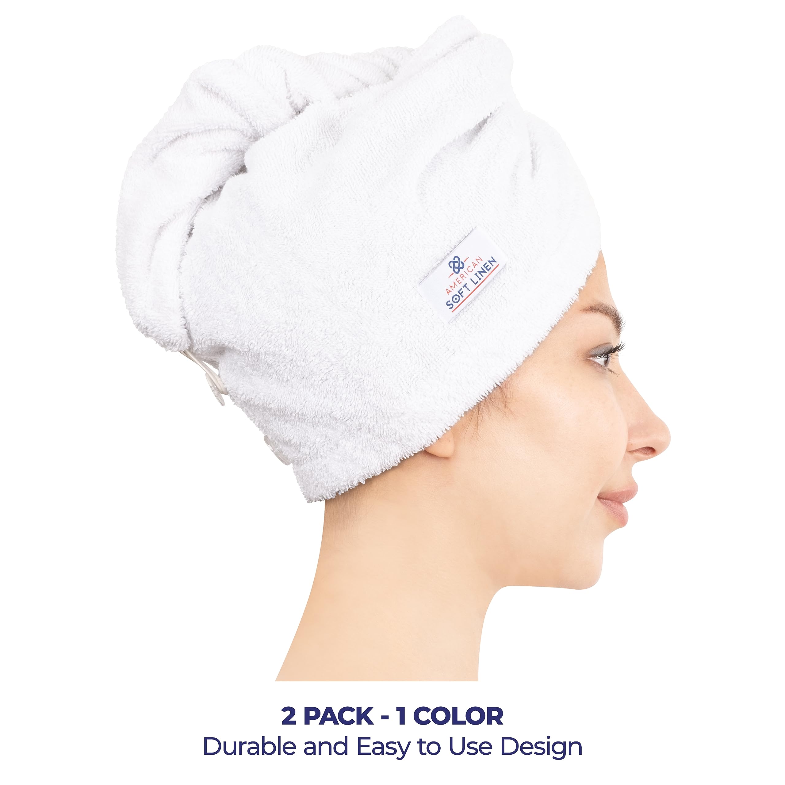 American Soft Linen hair towels cap adjusted on head with secure fit