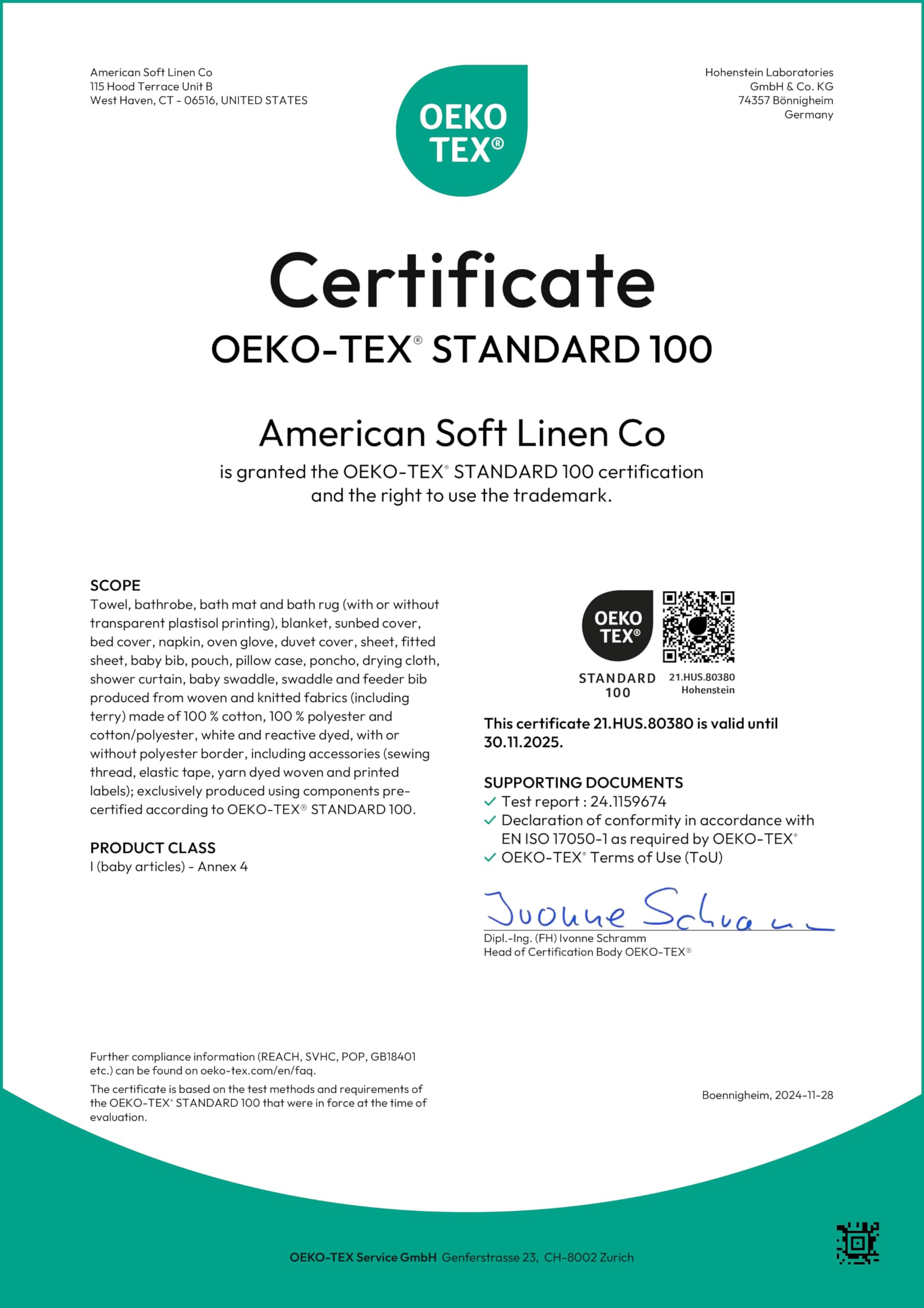 American Soft Linen Oeko-Tex certified tag signaling safety tested fibers