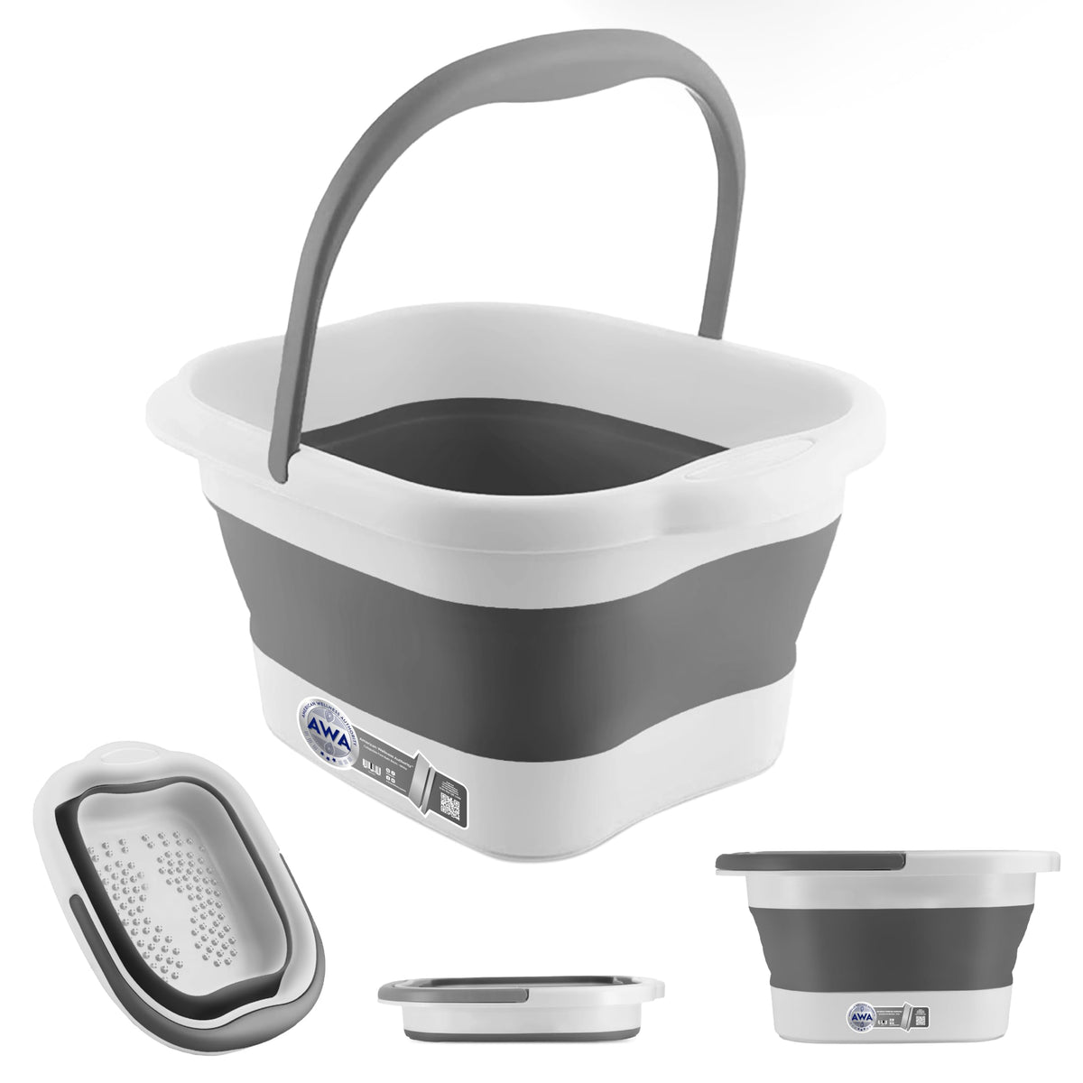 American Wellness Authority foot soaking tub folded for compact storage after travel.