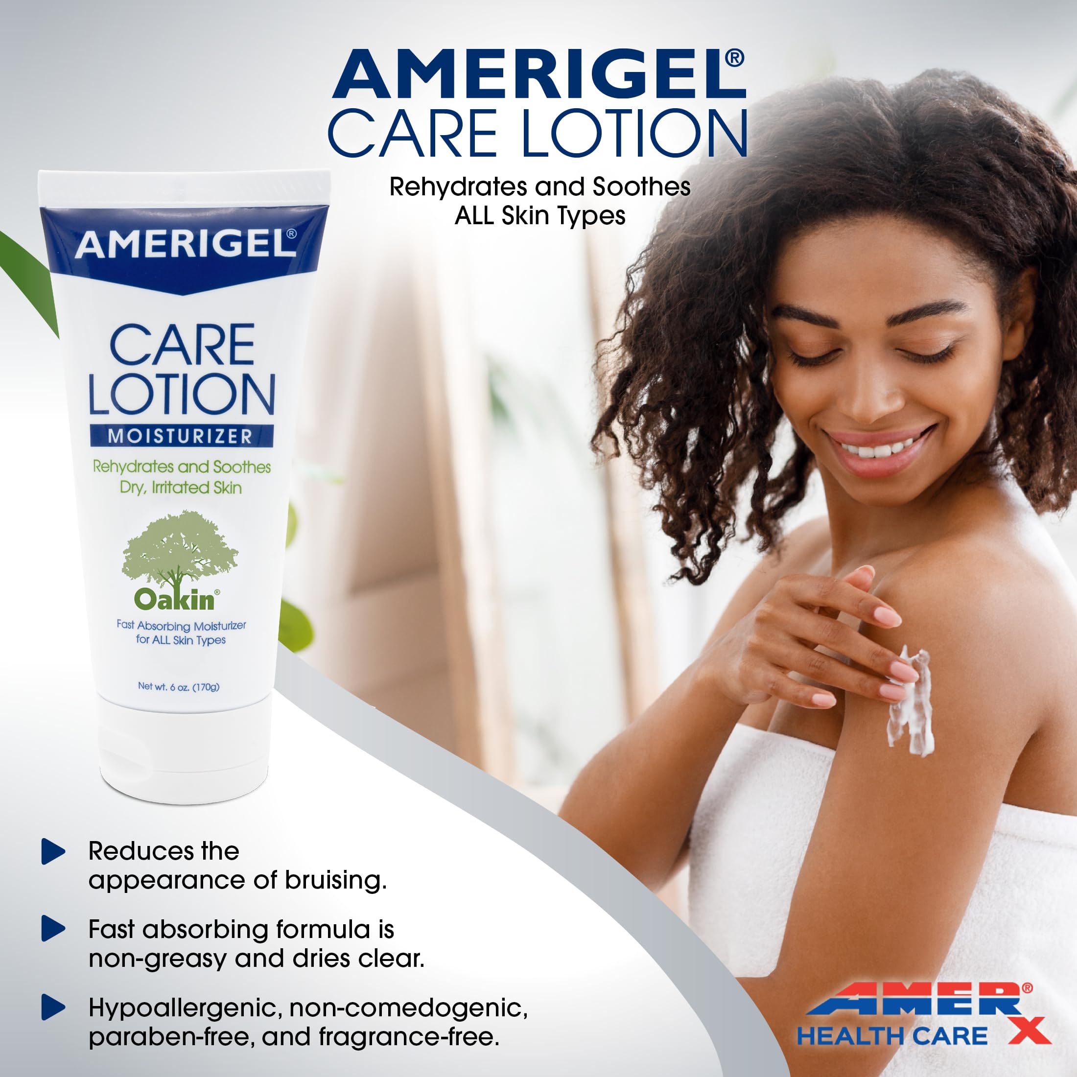 AMERIGEL Care Lotion hand application shows easy smoothing for dry skin