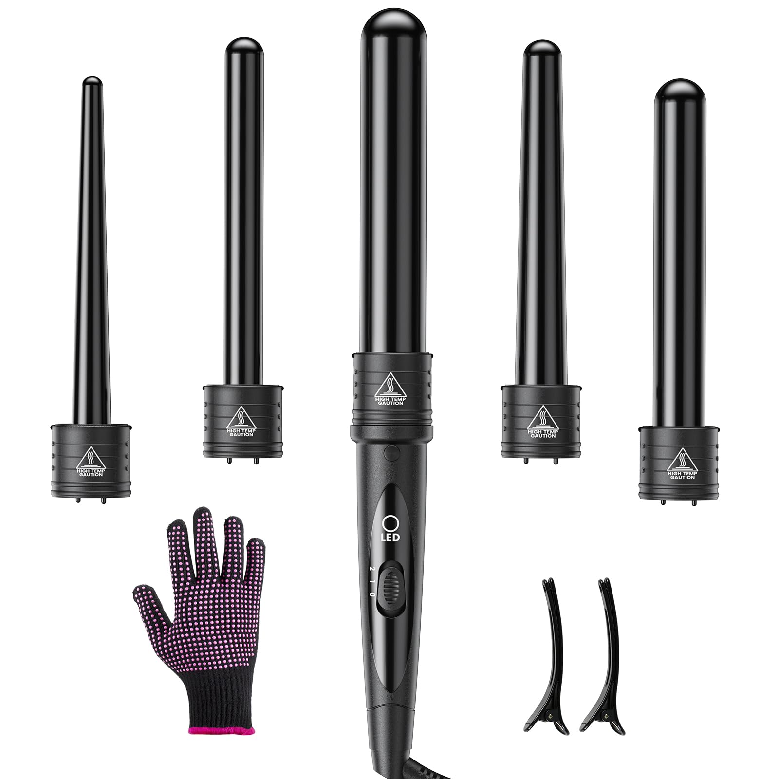Amgcive 5-in-1 curling wand with interchangeable tubes for versatile styling.