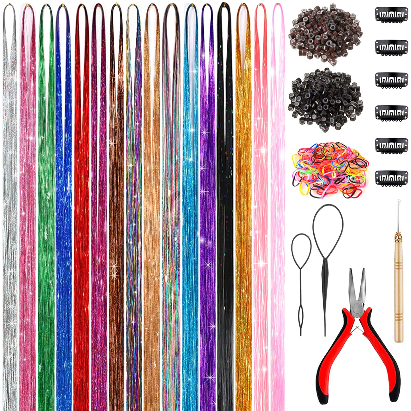 AMGPT 48inch glitter hair tinsel kit colors swatches for vibrant party-ready looks.