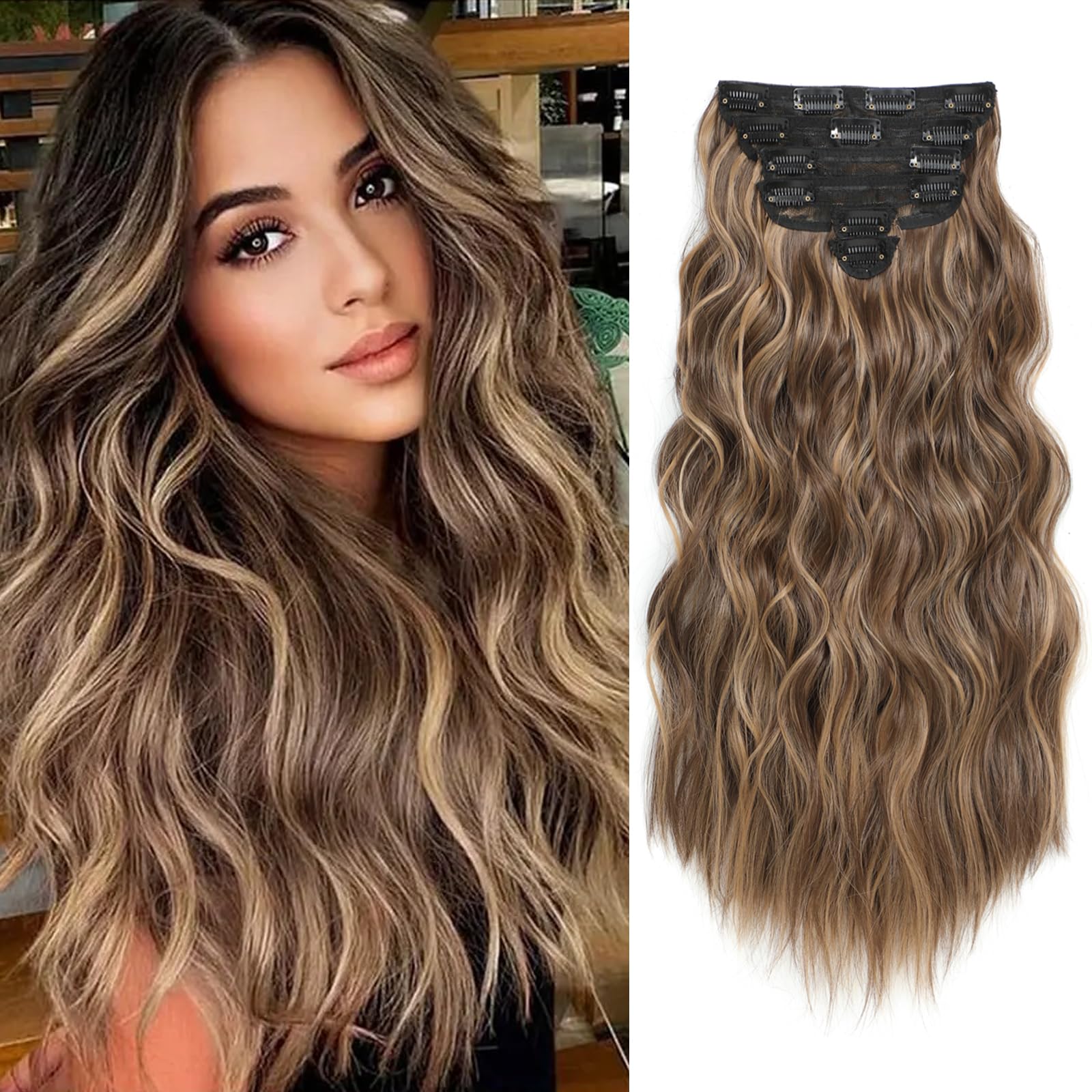 AMGPT honey-blonde 20 inch clip-in extensions beauty shot for instant volume.
