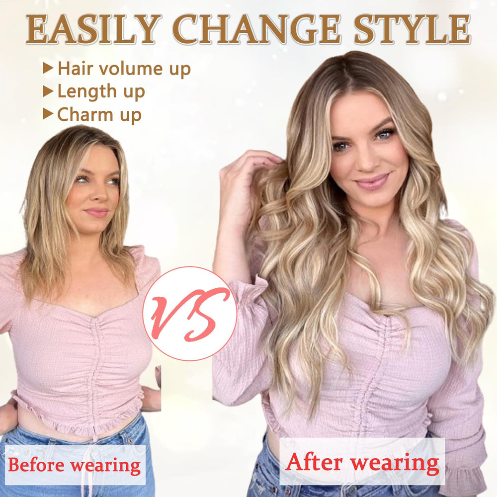AMGPT long wavy curly clip-ins close-up showing soft synthetic fibers blending naturally.