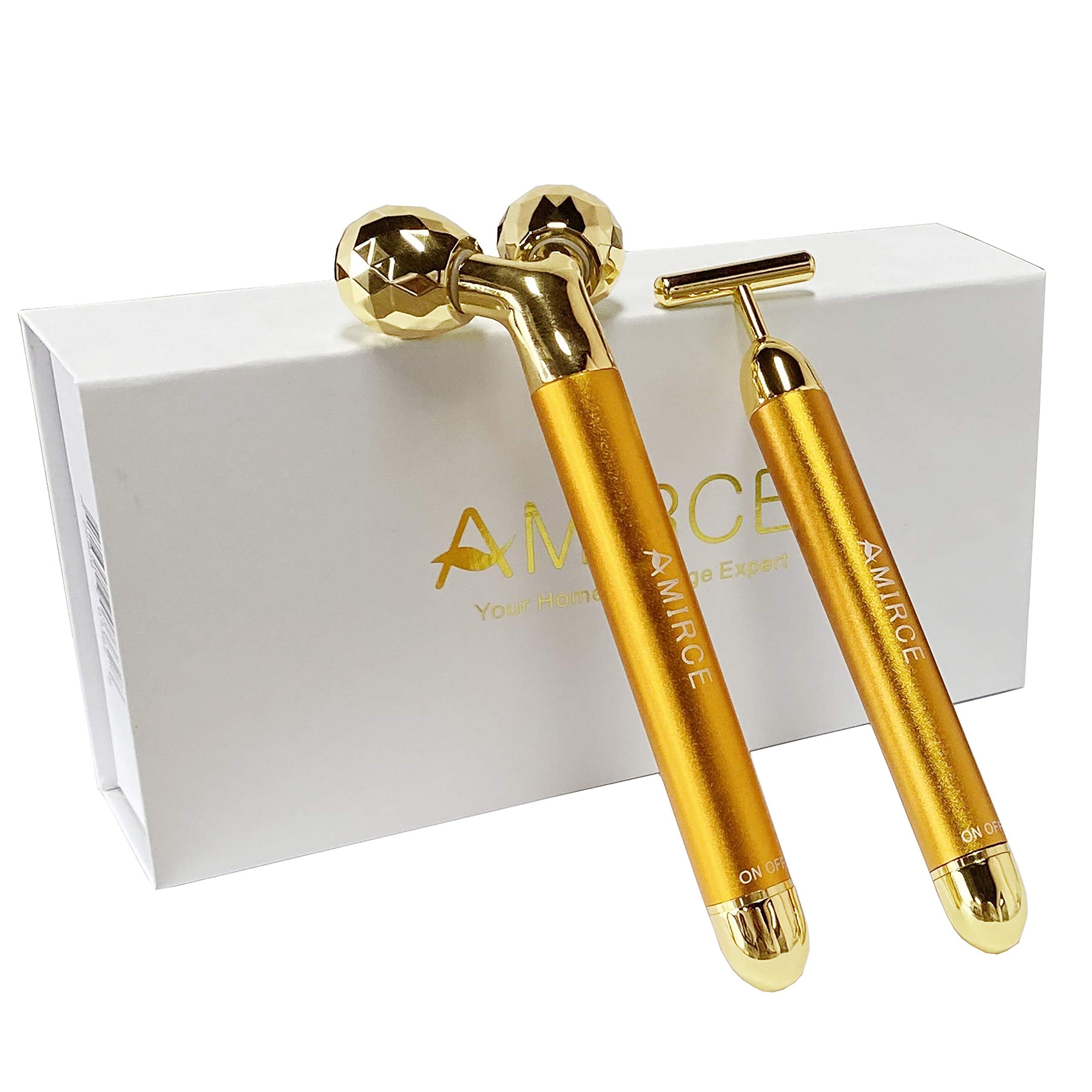 Amirce Face Massager Roller Golden 3D Roller closeup supports smoother skin texture.