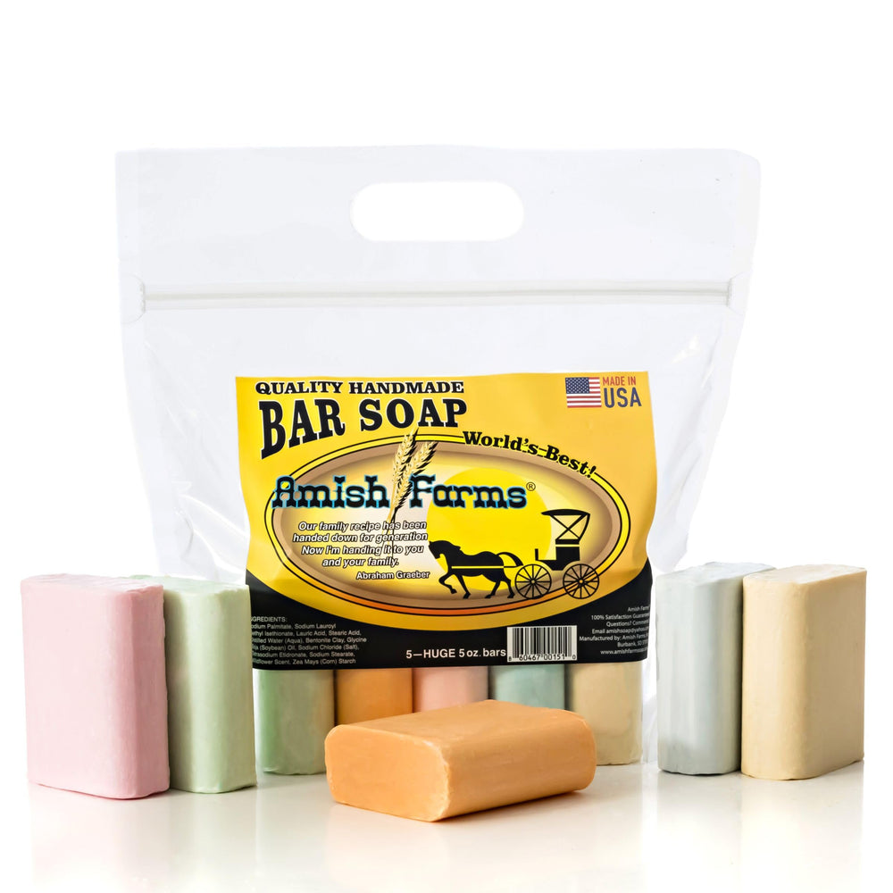 Amish Farms bentonite clay soap bar pack in pastel colors for gentle cleansing.