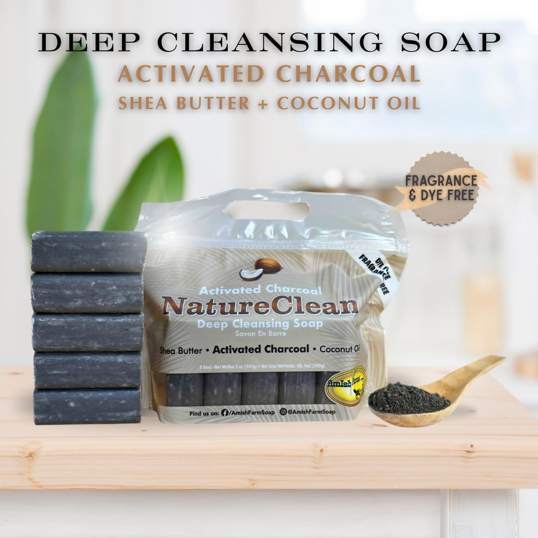 Amish Farms NatureClean deep-cleansing bar close-up shows charcoal and clay purification.