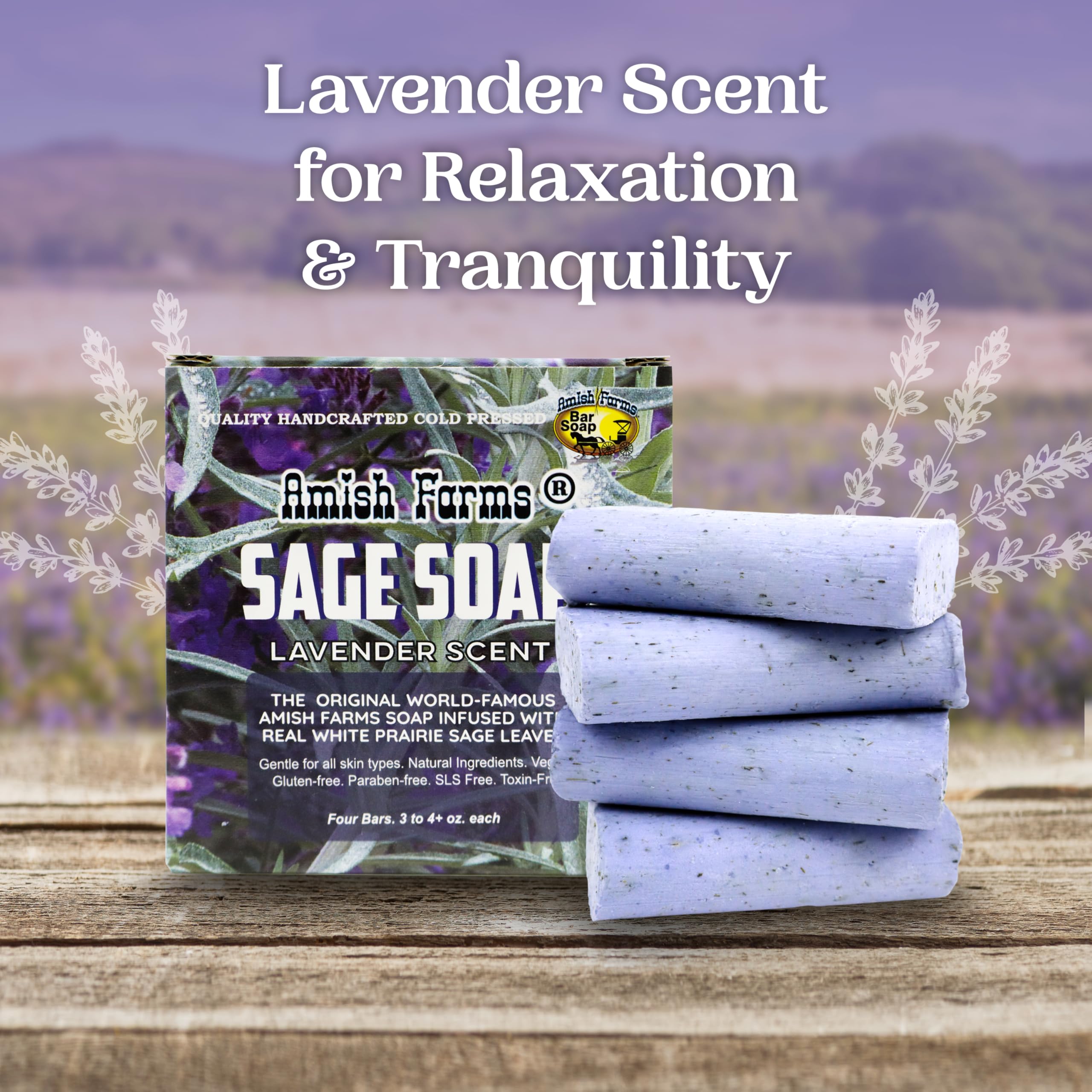 Amish Farms Sage Soap Bar packaging highlights natural ingredients and eco-friendly design.