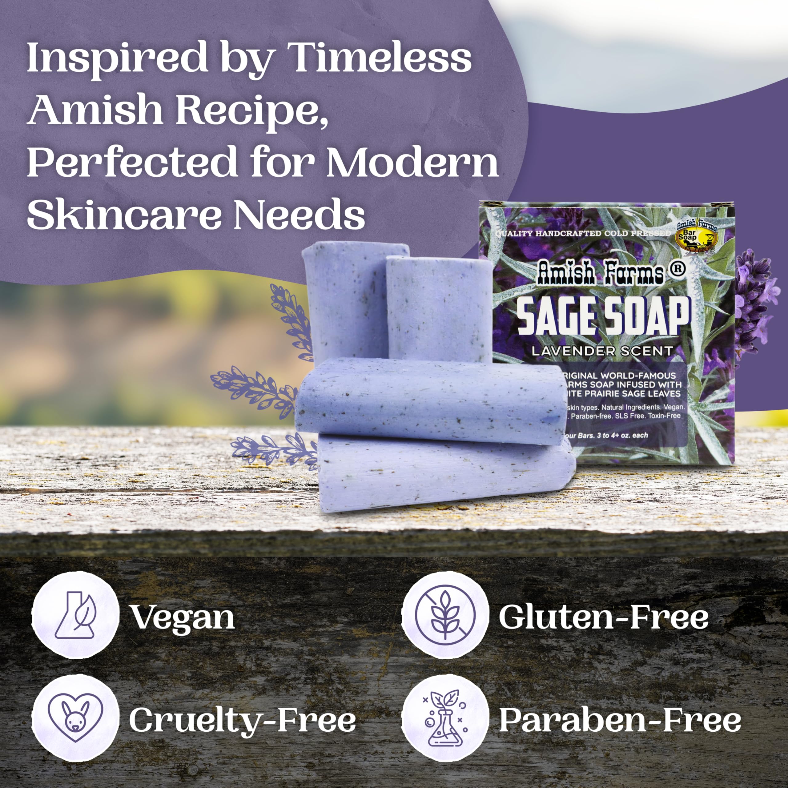 Amish Farms Sage Soap Bar vegan-gentle formula free of parabens and SLS.