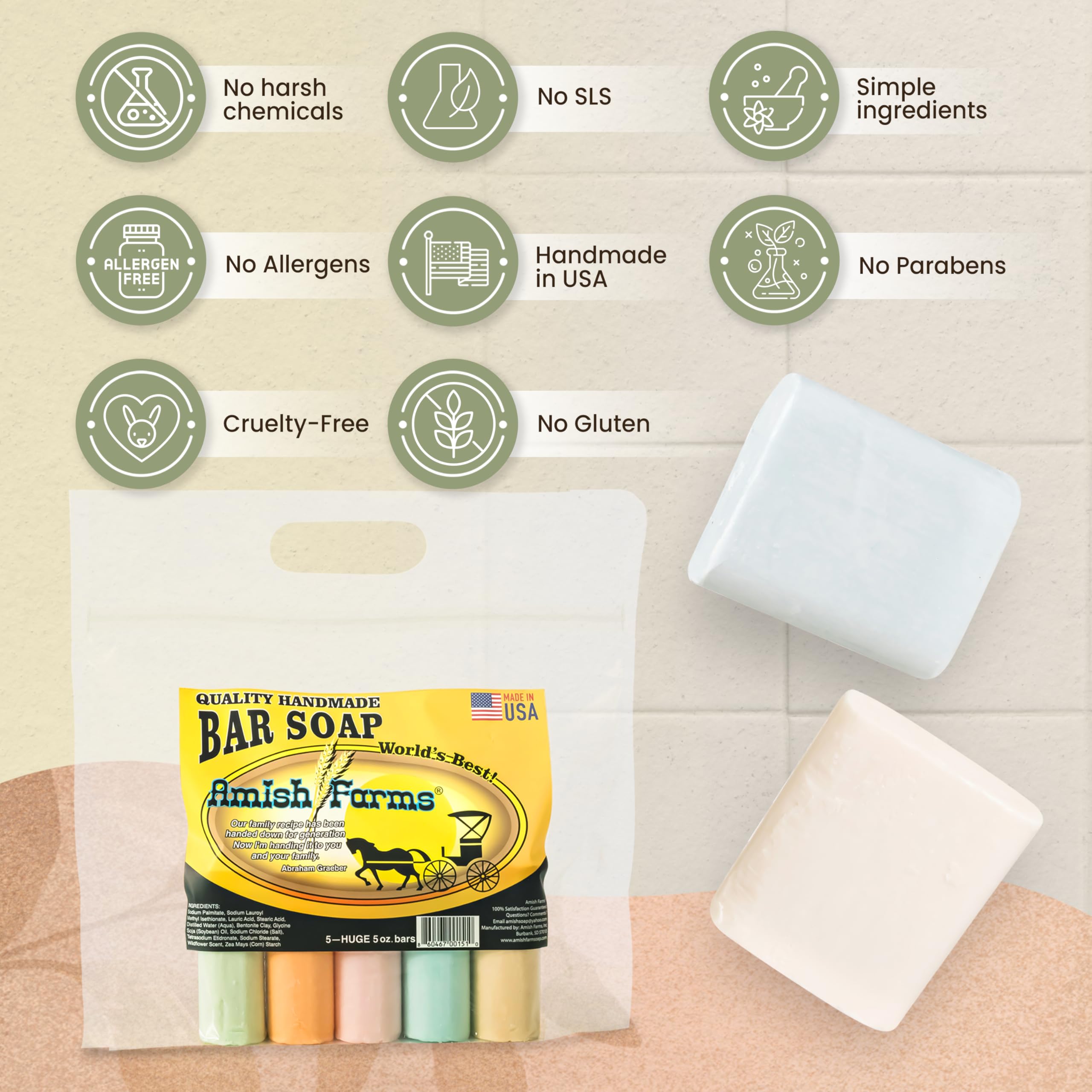 Amish Farms soap for sensitive skin during daily wash routines.
