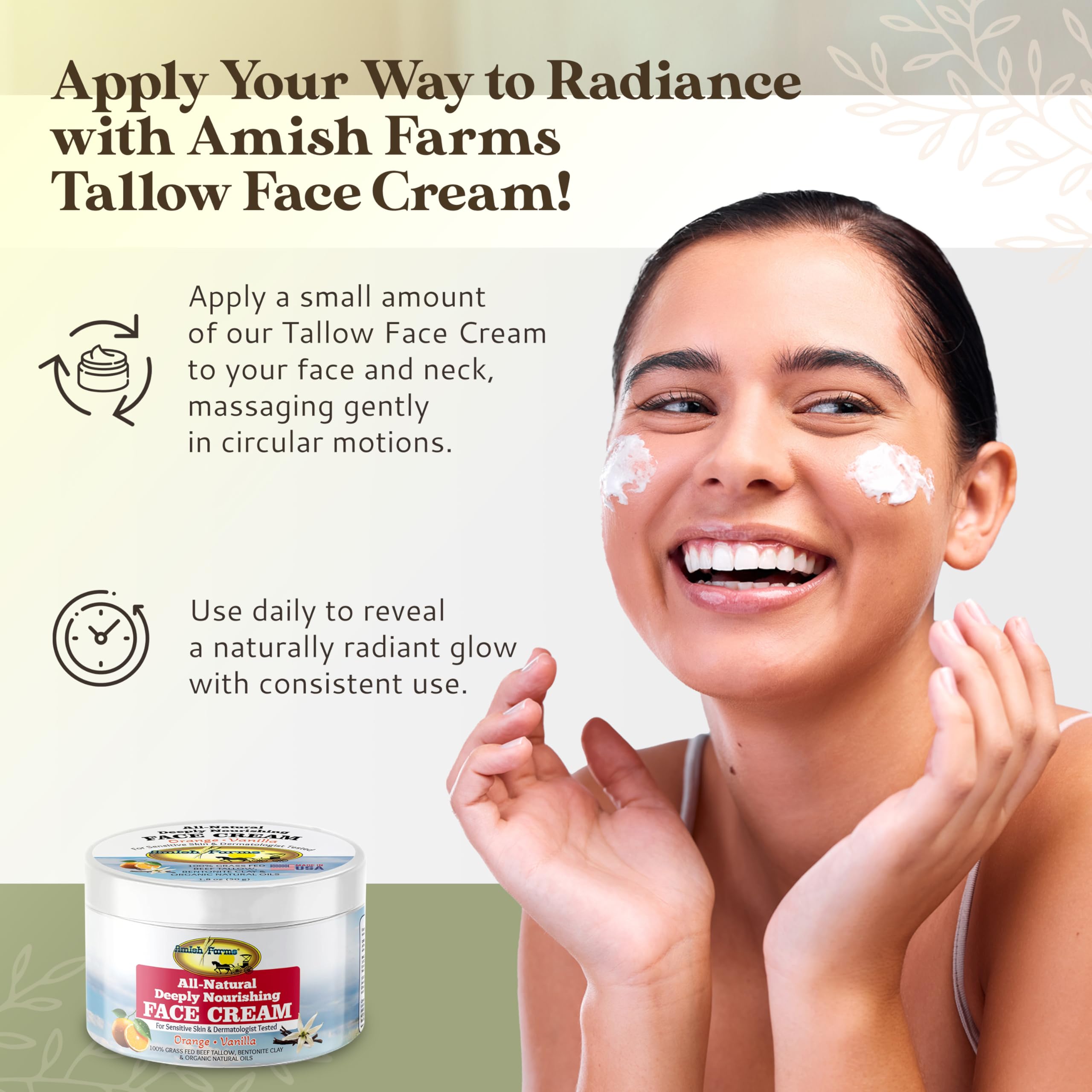 Amish Farms Tallow Face Cream orange-vanilla blend suggests gentle fragrance.