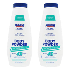 AMMENS Powder Shower Fresh bottle demonstrates long-lasting moisture absorption for dry, comfortable skin.
