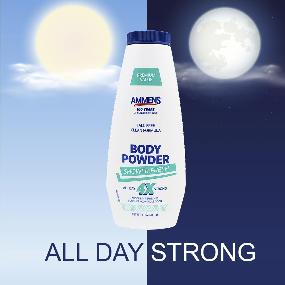 AMMENS Powder Shower Fresh packaging highlights convenient pack of two for home and travel.