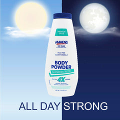 AMMENS Powder Shower Fresh packaging highlights convenient pack of two for home and travel.