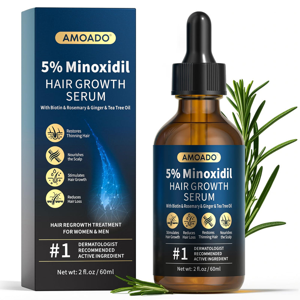 AMOADO 5% Minoxidil bottle showcasing potential for fuller-looking hair.