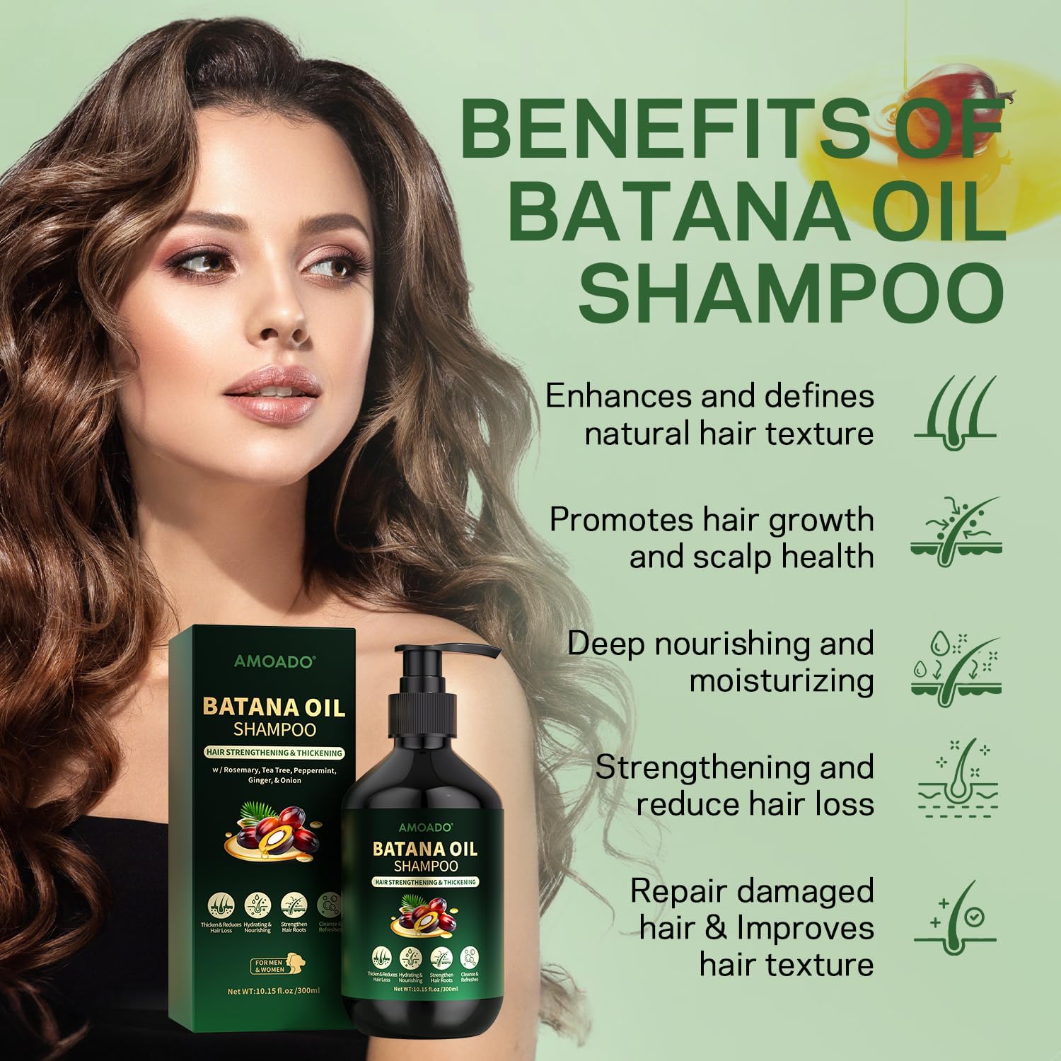 AMOADO Batana Oil Shampoo ingredient closeup emphasizes rich conditioning.