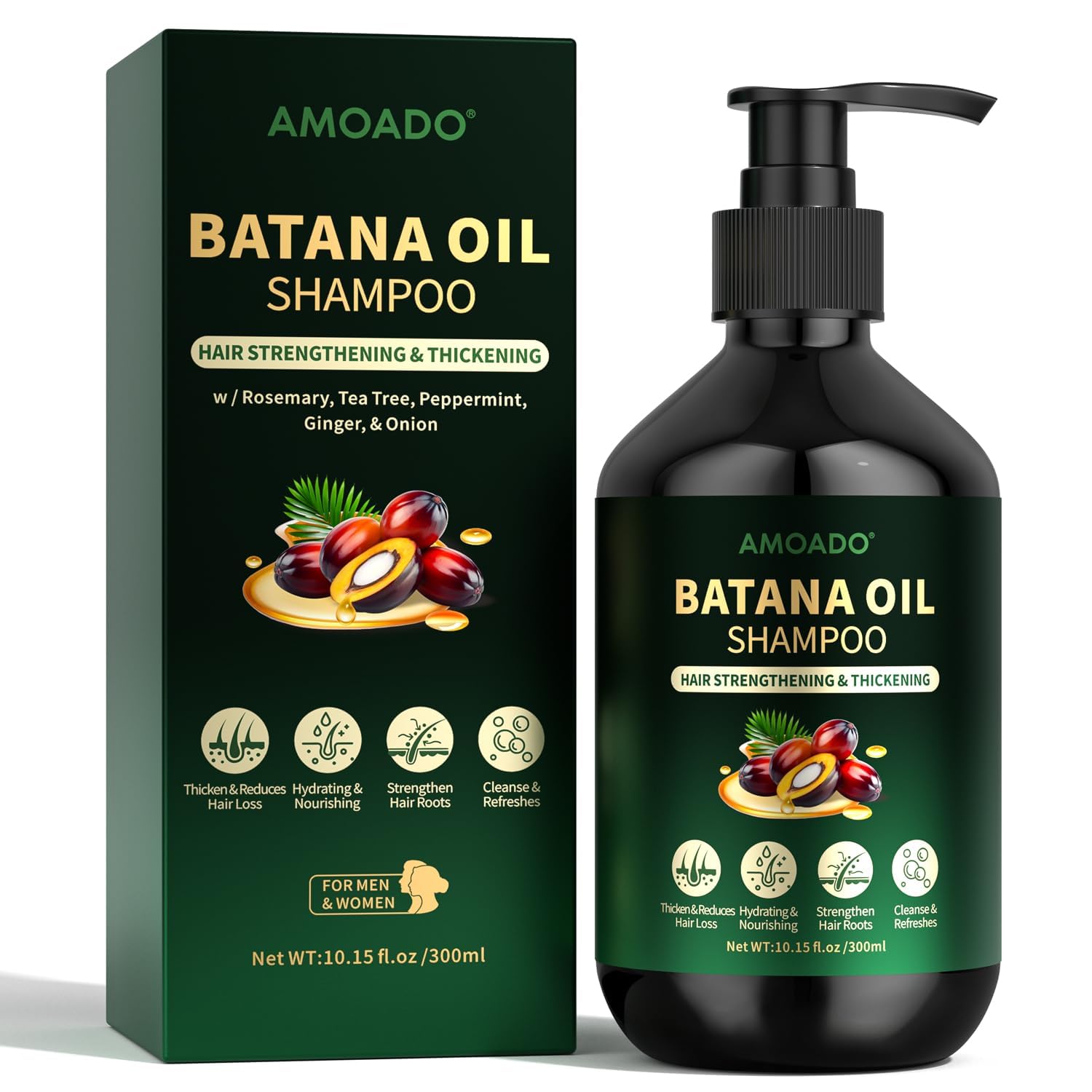 AMOADO Batana Oil Shampoo bottle demonstrates gentle cleansing for thicker, healthier hair.