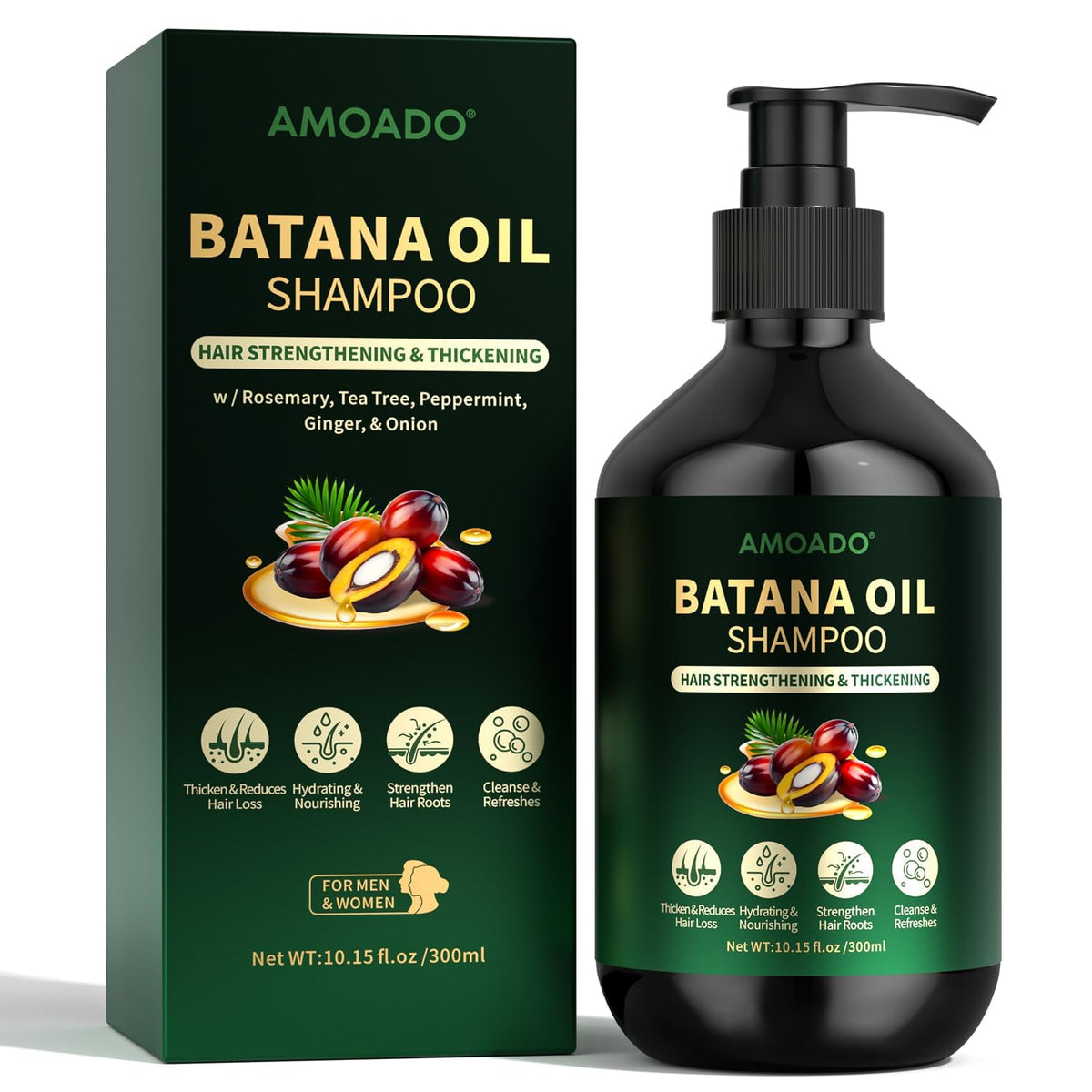 AMOADO Batana Oil Shampoo bottle demonstrates gentle cleansing for thicker, healthier hair.