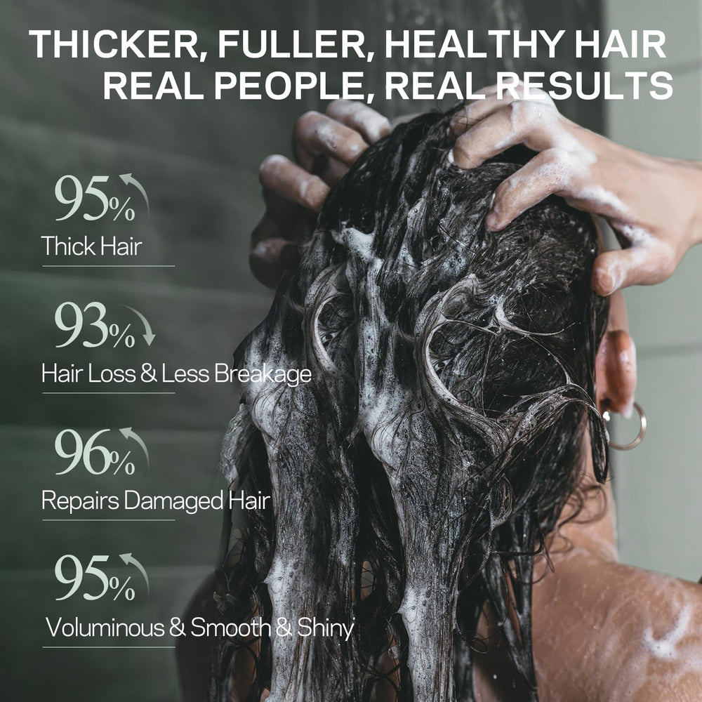 AMOADO castor oil moisturizing shampoo showing rich hydration for softer, shinier hair