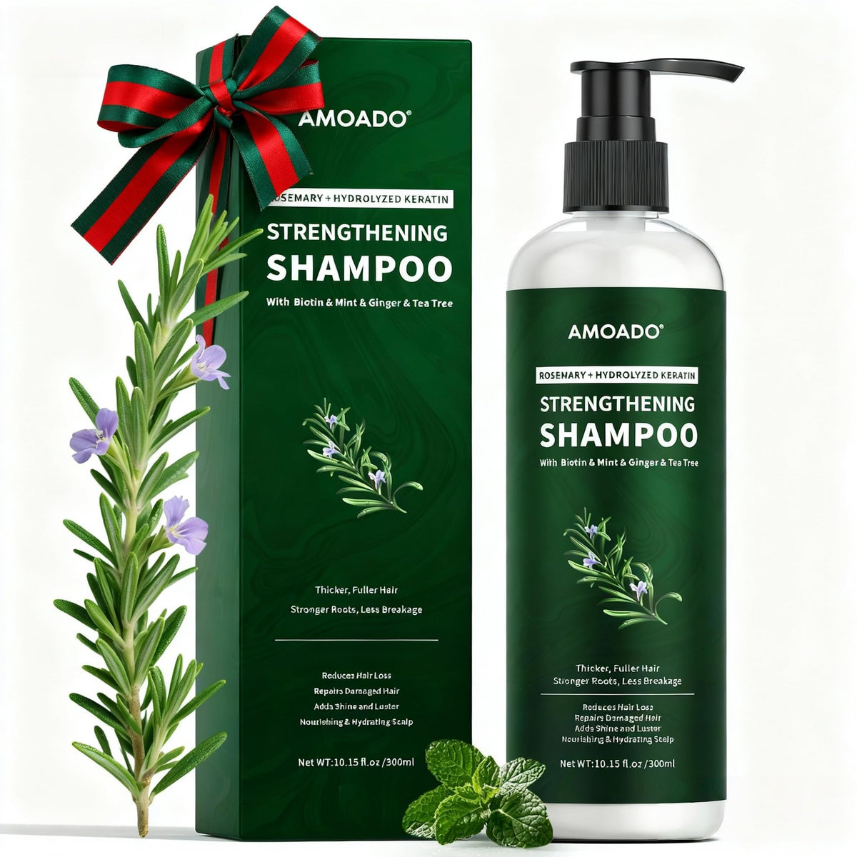 AMOADO Rosemary Hydrolyzed Keratin Shampoo bottle showing nourishing formula for healthier-looking hair