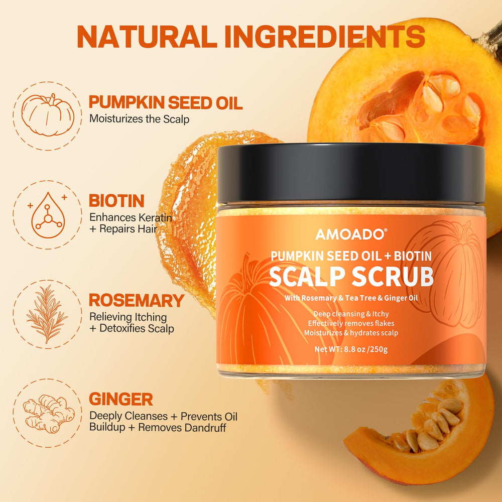 AMOADO Scalp Scrub close up shows biotin and rosemary ingredients for a healthy scalp