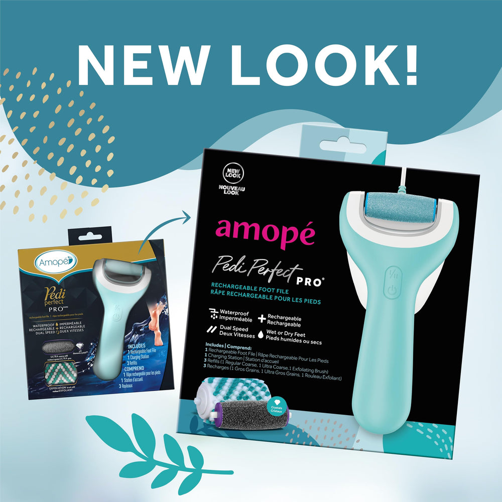 Amope Pedi Perfect Pro cordless foot file shown ready for quick wet or dry pedicures.
