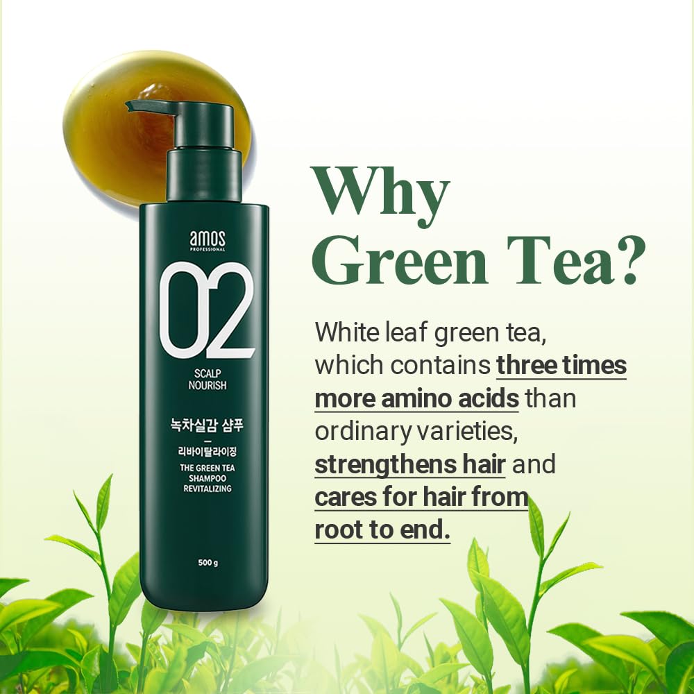 AMOS PROFESSIONAL Green Tea Shampoo before-after shows healthier-looking hair with regular use.