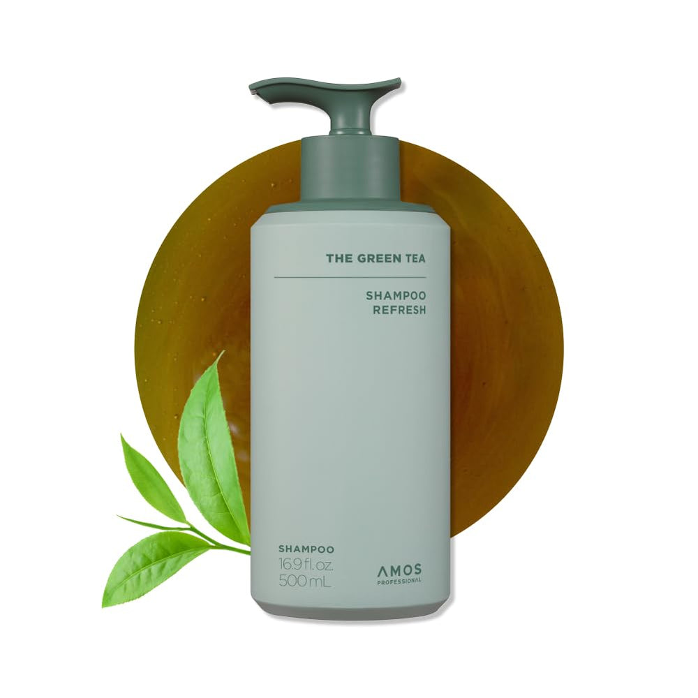 AMOS PROFESSIONAL green tea shampoo bottle with cap for refreshing scalp cleansing and thinning hair support
