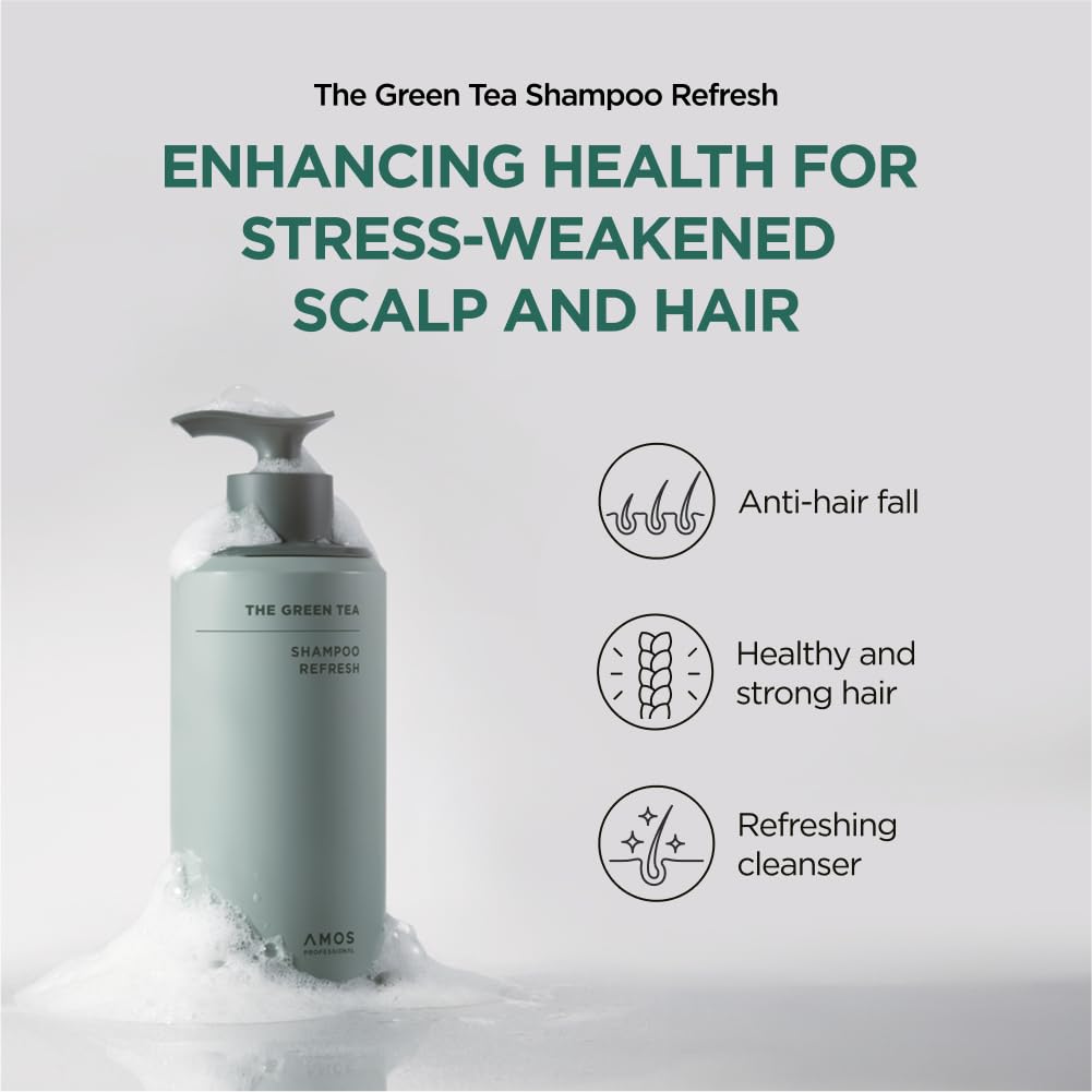 AMOS PROFESSIONAL green tea shampoo close-up highlighting salon-quality at-home care