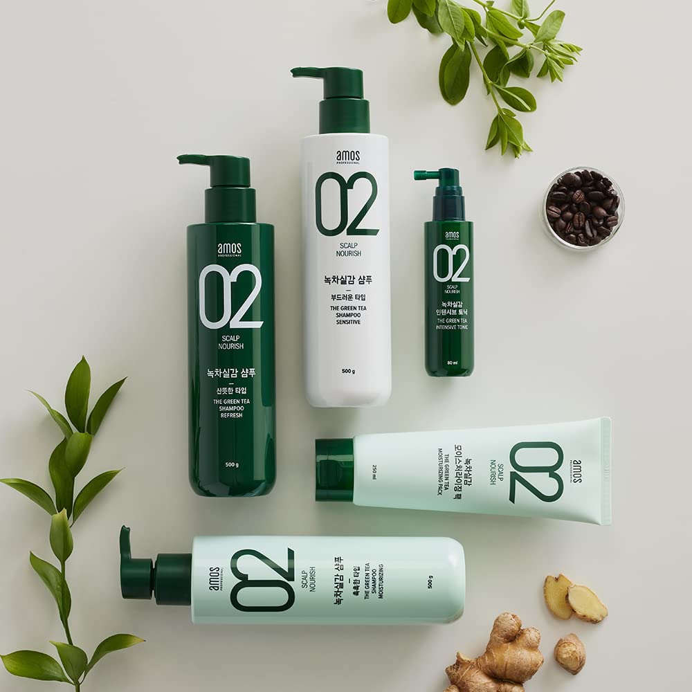AMOS PROFESSIONAL Green Tea Shampoo ingredients highlight Jeju green tea benefits.