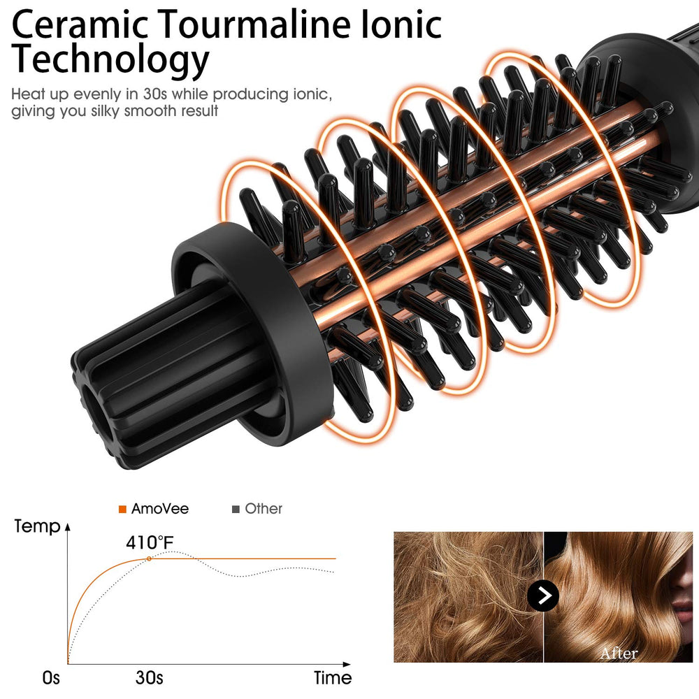 AmoVee Curling Brush with heat-resistant bristles gliding through hair with control.