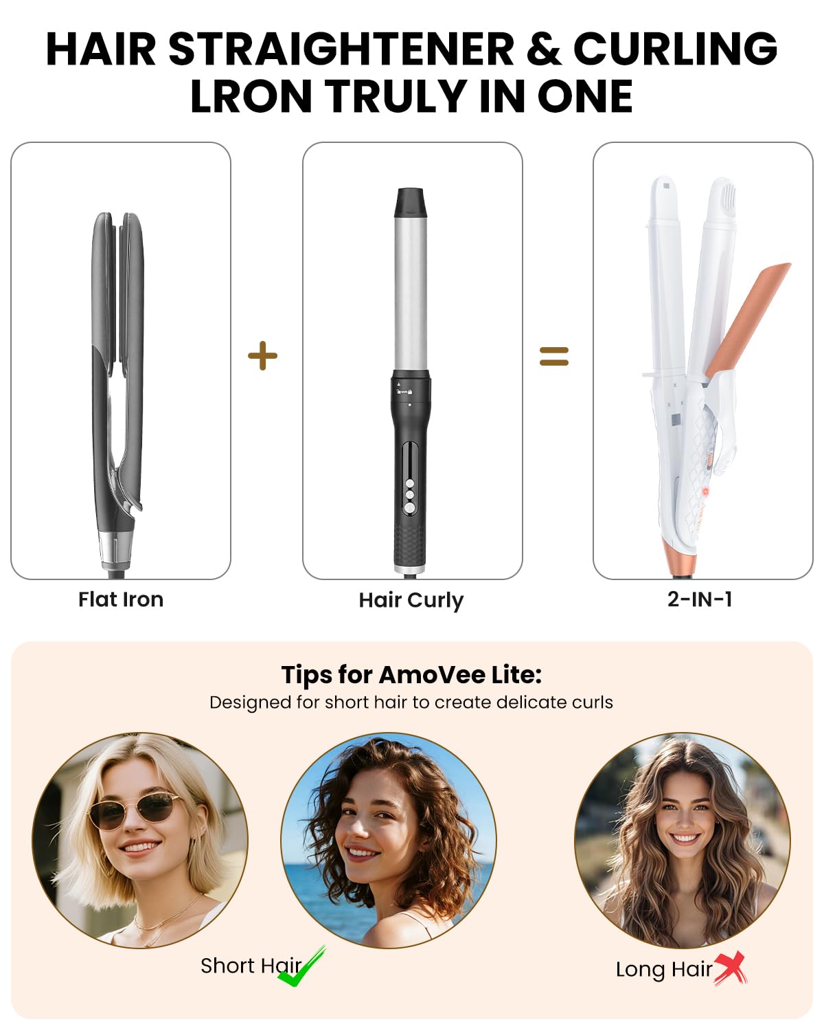 AmoVee dual voltage 1-inch barrel in use for quick straight or curled styles