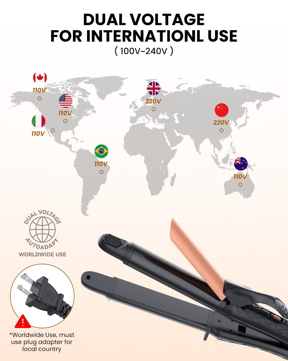 AmoVee dual voltage curling iron 1-inch side view highlights compact portable design.