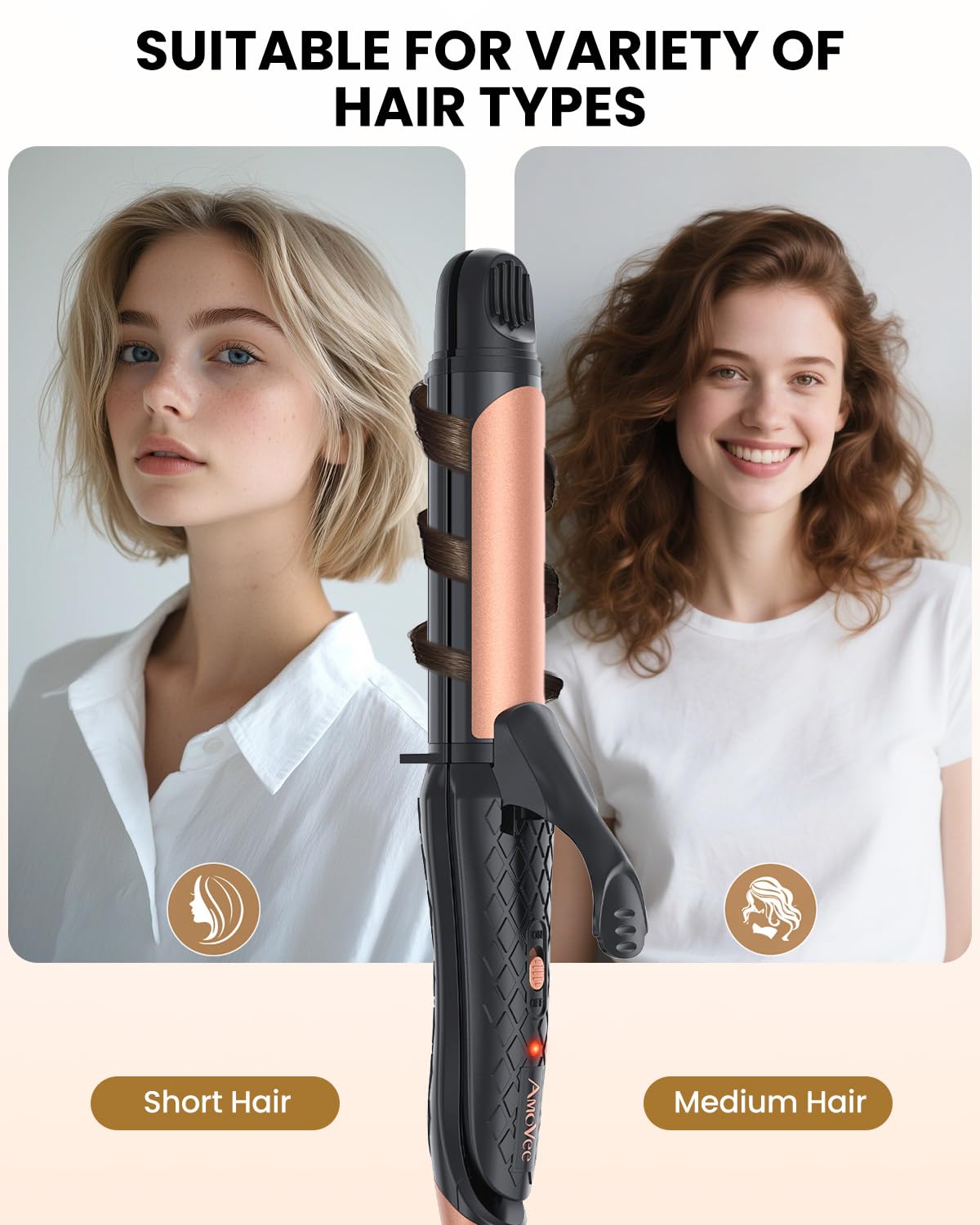 AmoVee 2-in-1 styling image demonstrates curling and straightening with one tool.