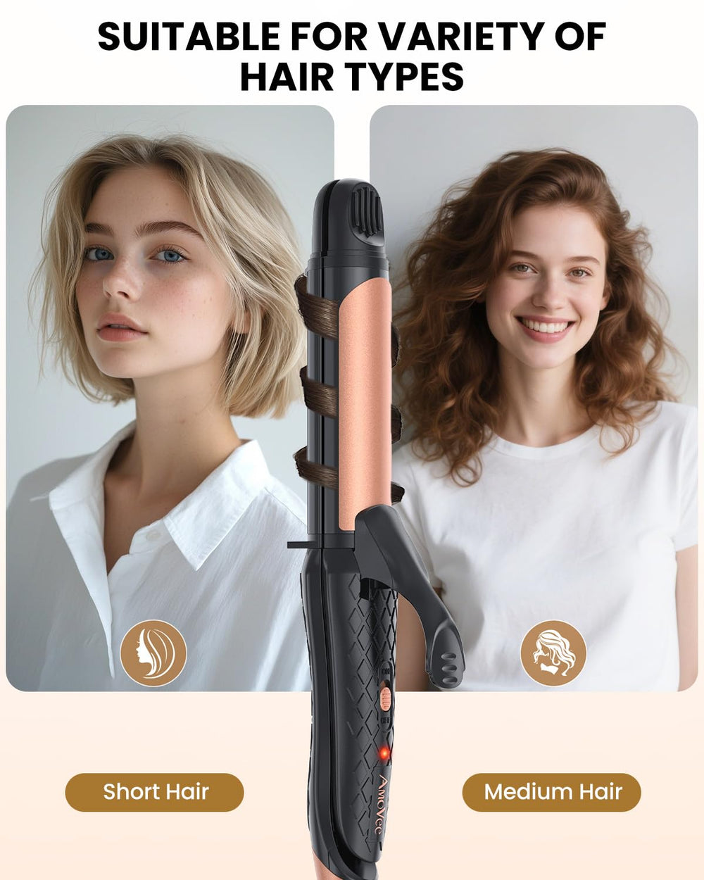 AmoVee 2-in-1 styling image demonstrates curling and straightening with one tool.
