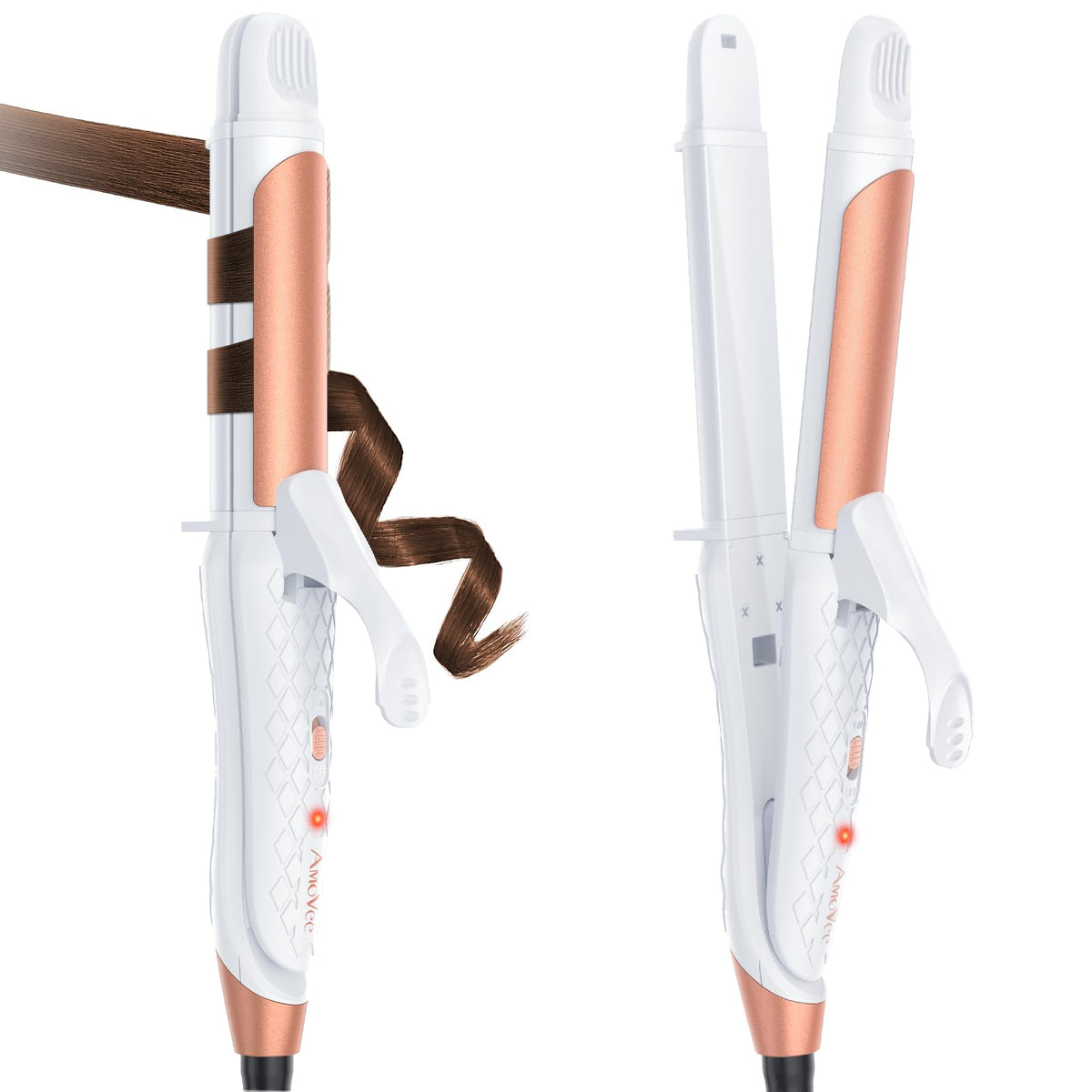 AmoVee dual voltage curling iron front view with 1-inch titanium barrel for fast styling