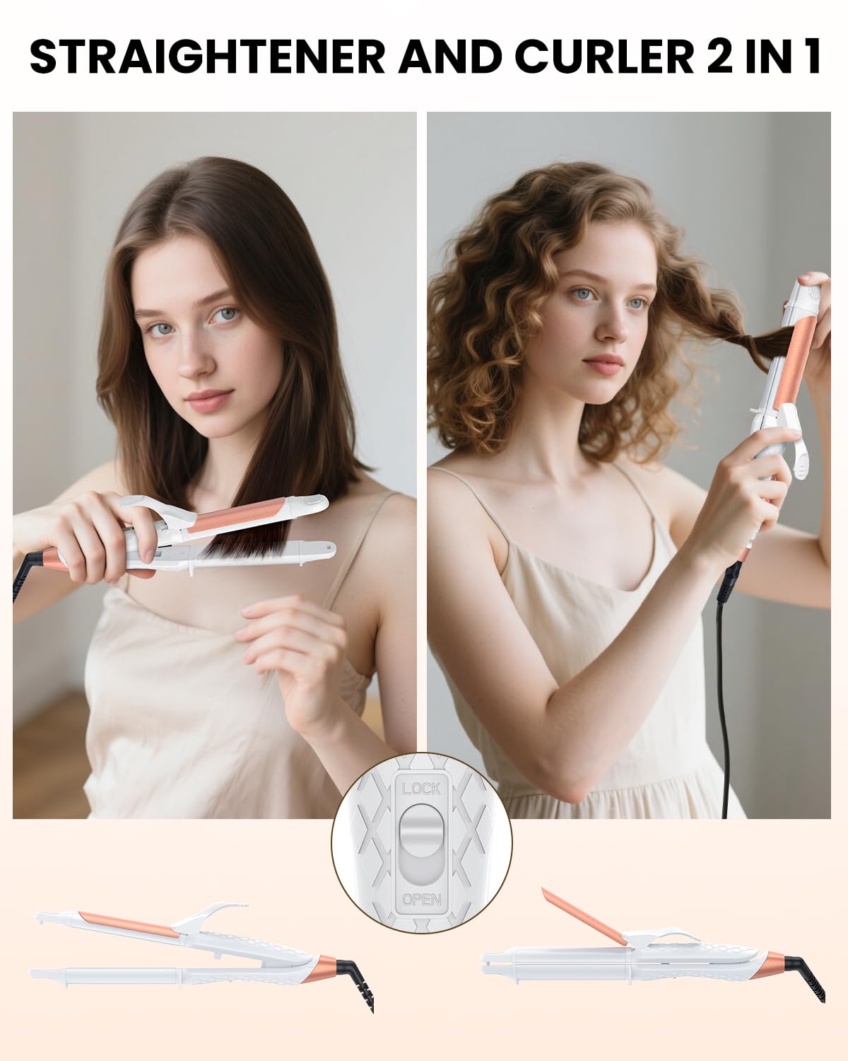 AmoVee dual voltage curling iron side profile ready to style on the go
