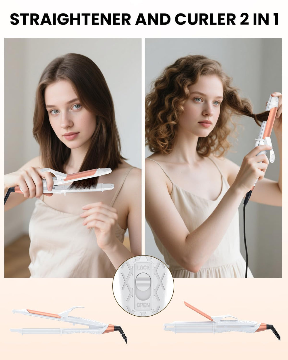 AmoVee dual voltage curling iron side profile ready to style on the go