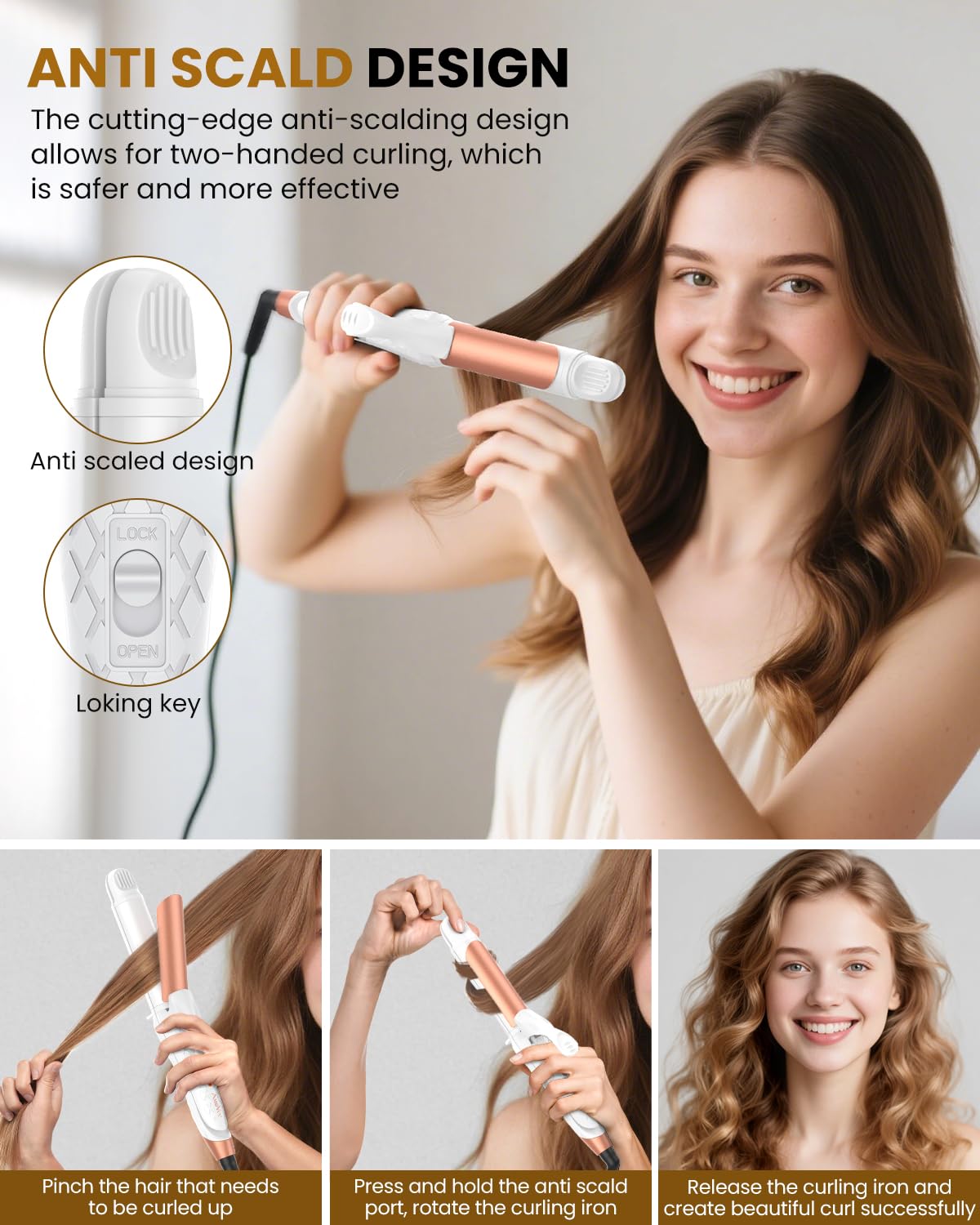 AmoVee curling iron titanium barrel visible for even heat distribution