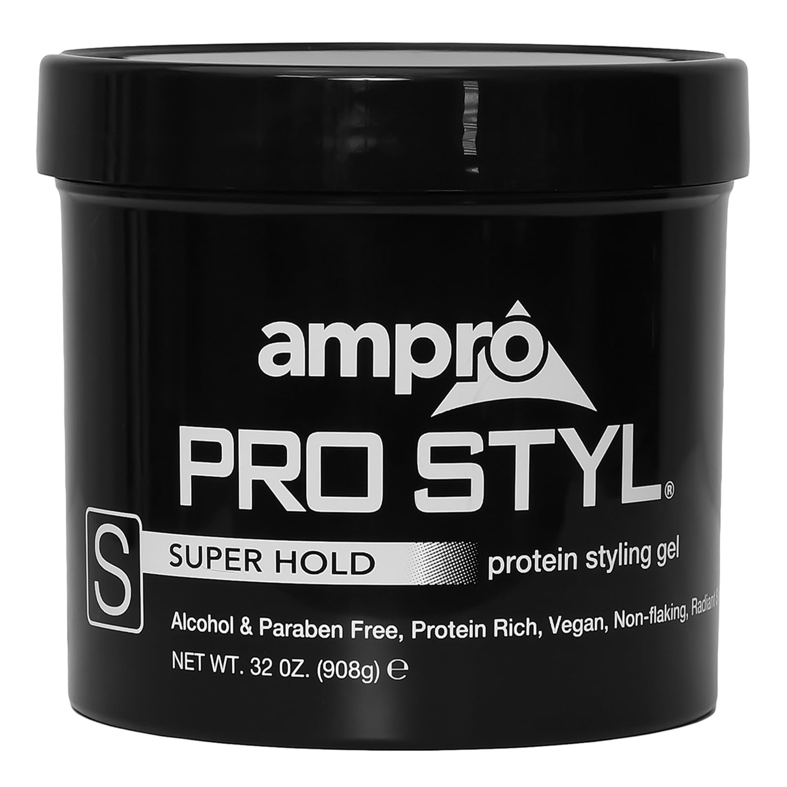 AmPro Pro Styl Styling Gel bottle shows alcohol-free, protein-rich formula for strong, flexible hold.