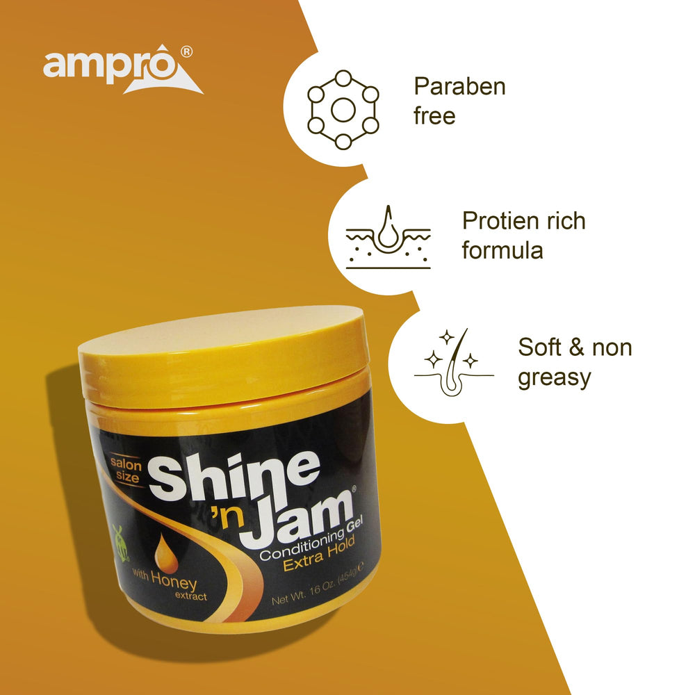 AmPro Shine 'n Jam alcohol-free formulation supports gentle, long-lasting style.