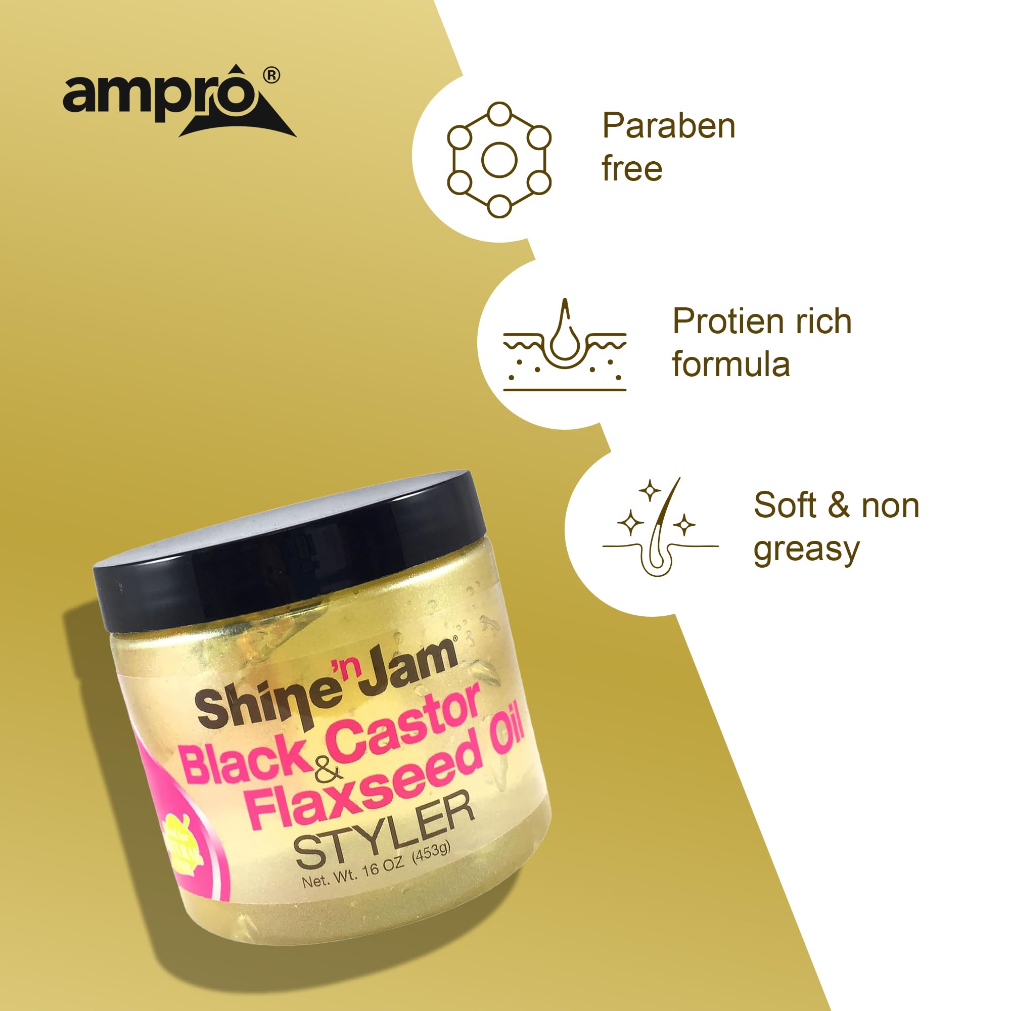 AmPro Shine-n-Jam outdoor protection with Vitamin E for nourished hair.