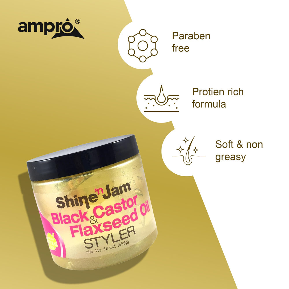 AmPro Shine-n-Jam outdoor protection with Vitamin E for nourished hair.