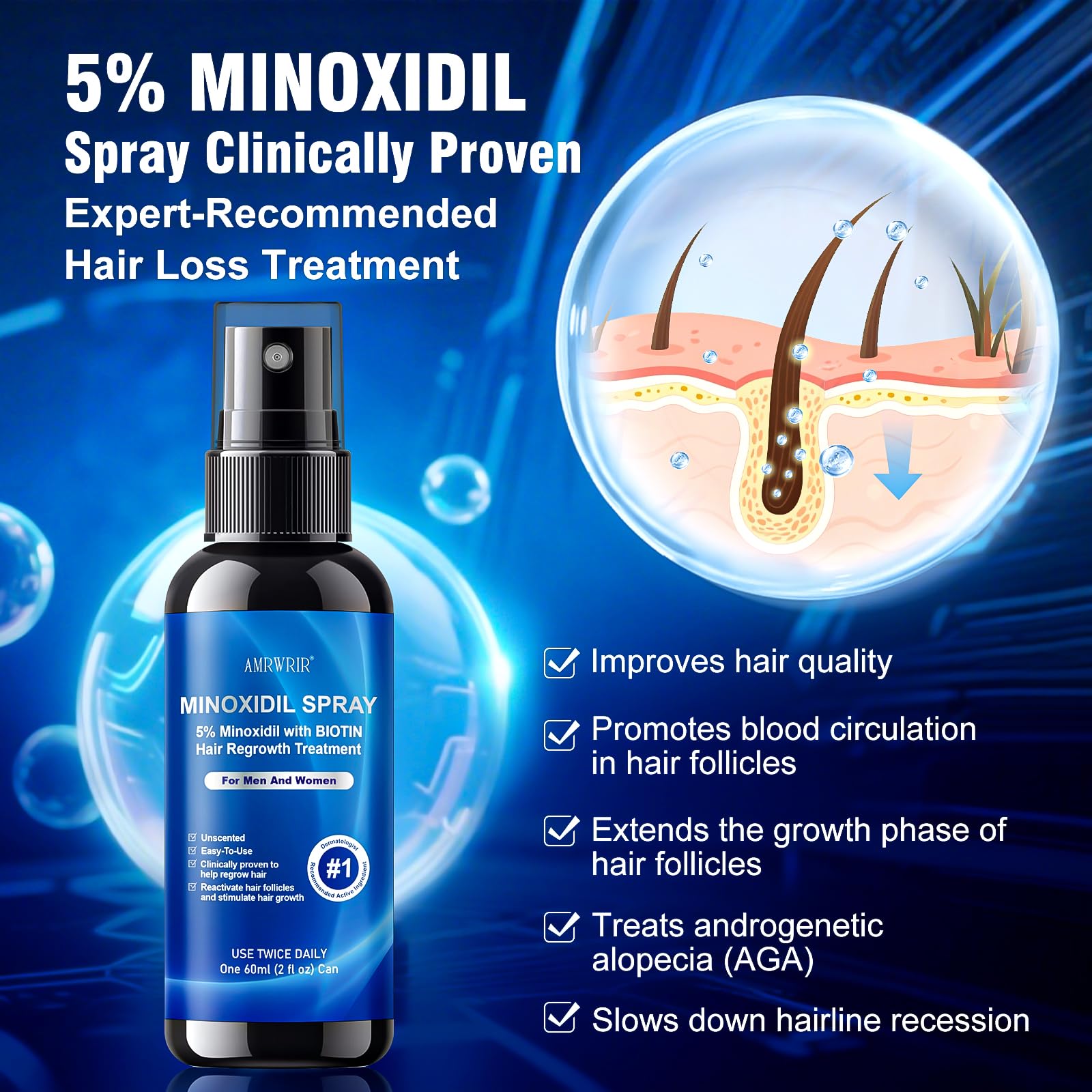 AMRWRIR minoxidil spray application on scalp demonstrating scalp coverage