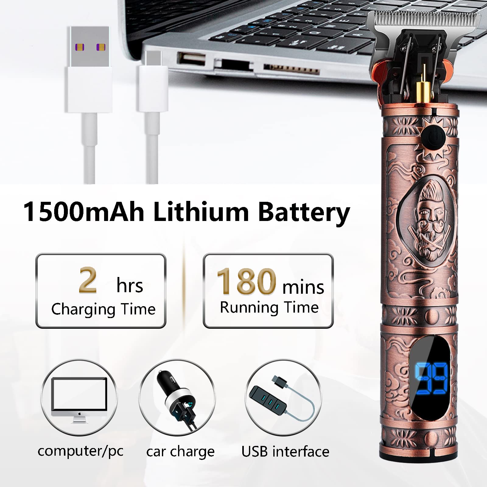 AMULISS cordless trimmer charging with USB for quick, flexible power.