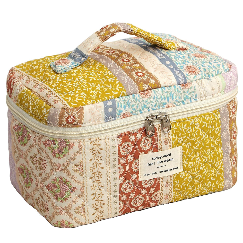 AMULOKRU Quilted Makeup Bag floral pattern front view for stylish travel organization
