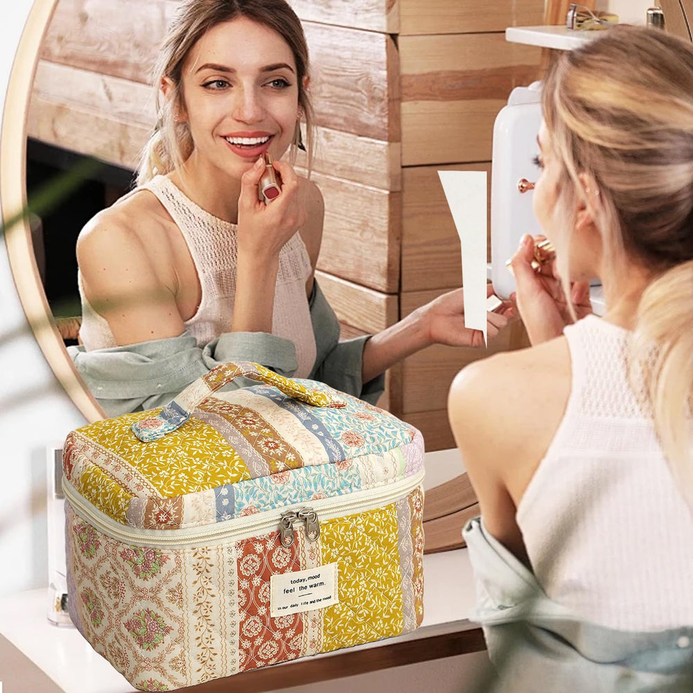 AMULOKRU Quilted Makeup Bag soft cotton material feels durable yet gentle