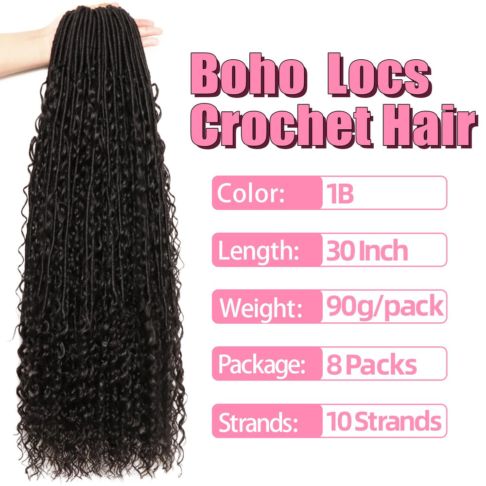 AMUMI Soft Boho Locs 30 inch curly ends close-up highlights natural fluffy texture.
