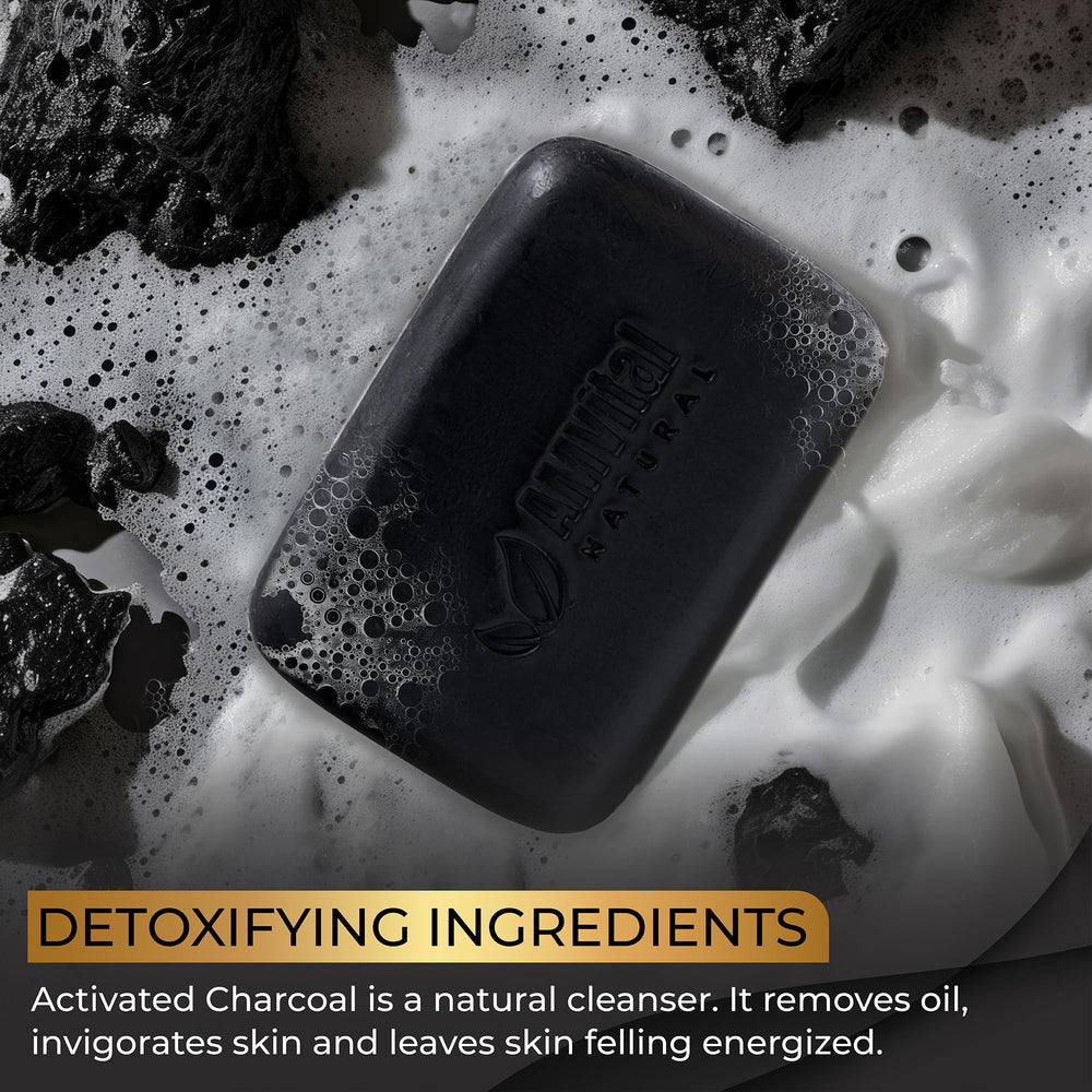 AMVital soap bar on sink with fresh, subtle charcoal aroma.